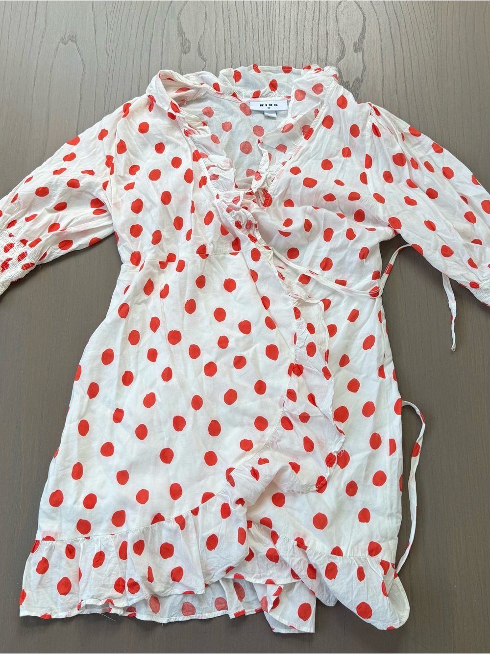 RIXO White Mini Wrap Dress with Red Polka Dots